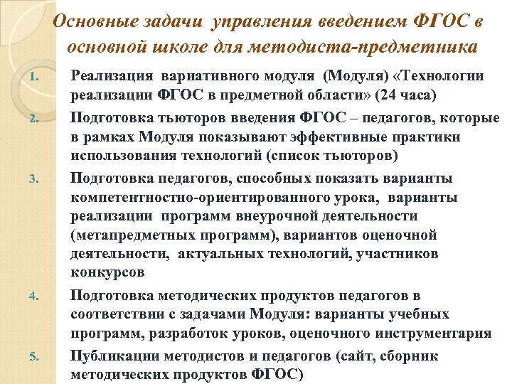 Основные задачи управления введением ФГОС в основной школе для методиста-предметника 1. 2. 3. 4.