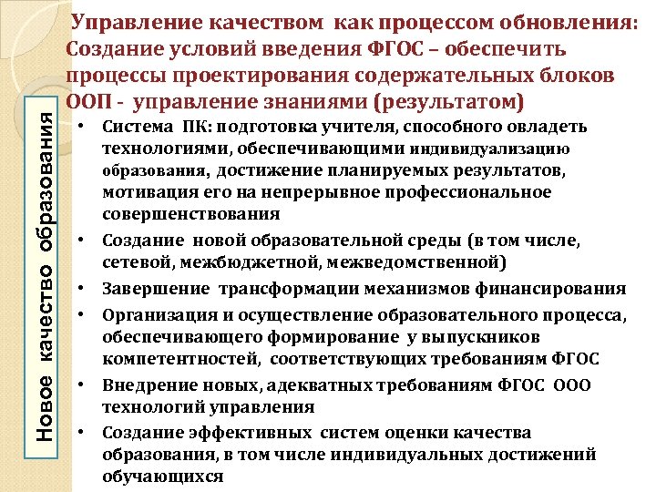 Новое качество образования Управление качеством как процессом обновления: Создание условий введения ФГОС – обеспечить