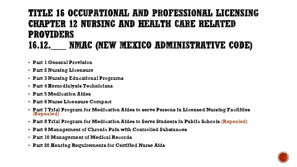 § Part 1 General Provision § Part 2 Nursing Licensure § Part 3 Nursing