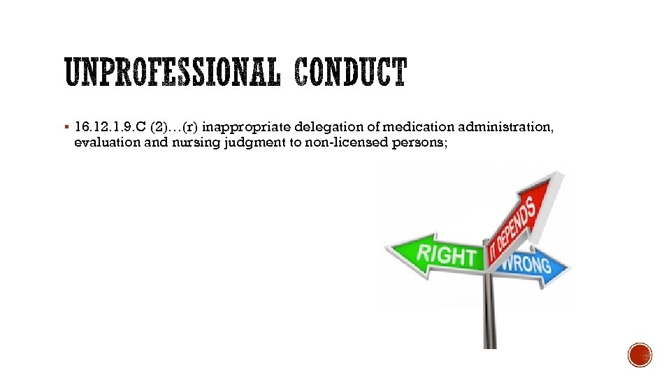 § 16. 12. 1. 9. C (2)…(r) inappropriate delegation of medication administration, evaluation and