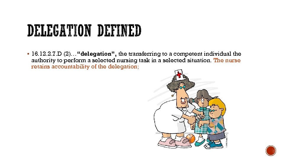 § 16. 12. 2. 7. D (2)…“delegation”, the transferring to a competent individual the