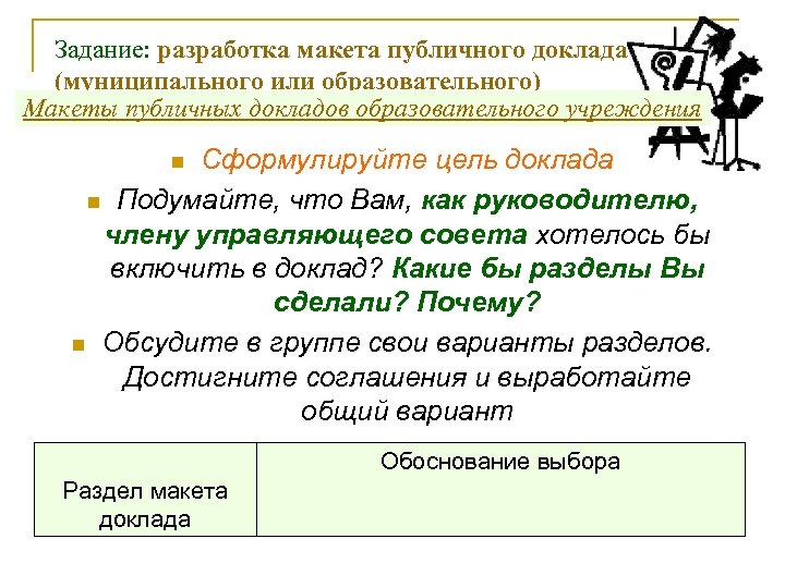 Задание: разработка макета публичного доклада (муниципального или образовательного) Макеты публичных докладов образовательного учреждения Сформулируйте