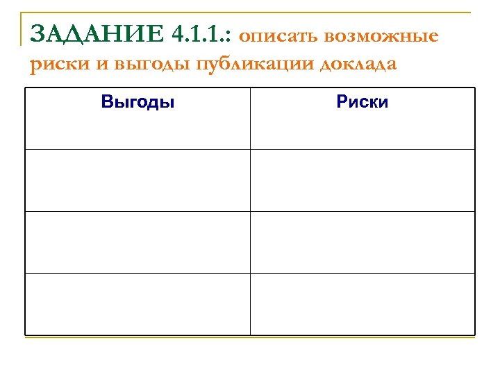 ЗАДАНИЕ 4. 1. 1. : описать возможные риски и выгоды публикации доклада Выгоды Риски