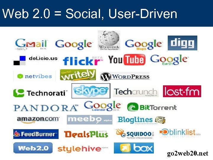 Web 2. 0 = Social, User-Driven go 2 web 20. net 