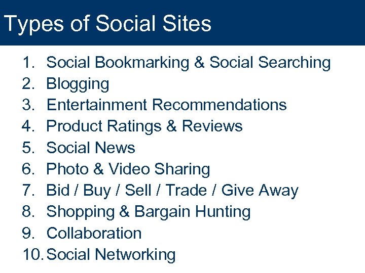 Types of Social Sites 1. Social Bookmarking & Social Searching 2. Blogging 3. Entertainment