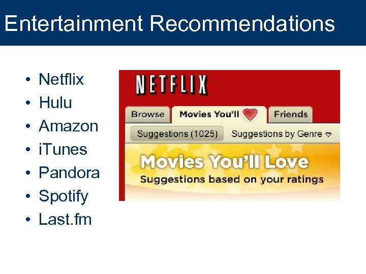 Entertainment Recommendations • • Netflix Hulu Amazon i. Tunes Pandora Spotify Last. fm 