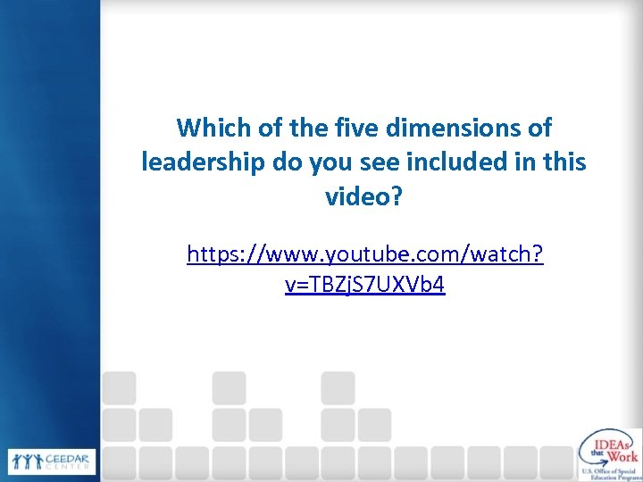 Which of the five dimensions of leadership do you see included in this video?