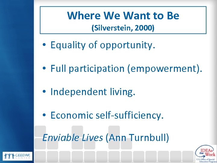 Where We Want to Be (Silverstein, 2000) • Equality of opportunity. • Full participation