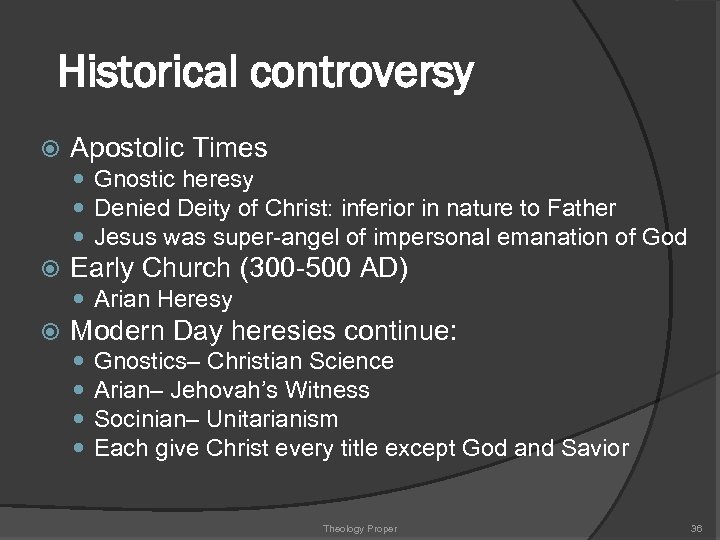 Historical controversy Apostolic Times Gnostic heresy Denied Deity of Christ: inferior in nature to
