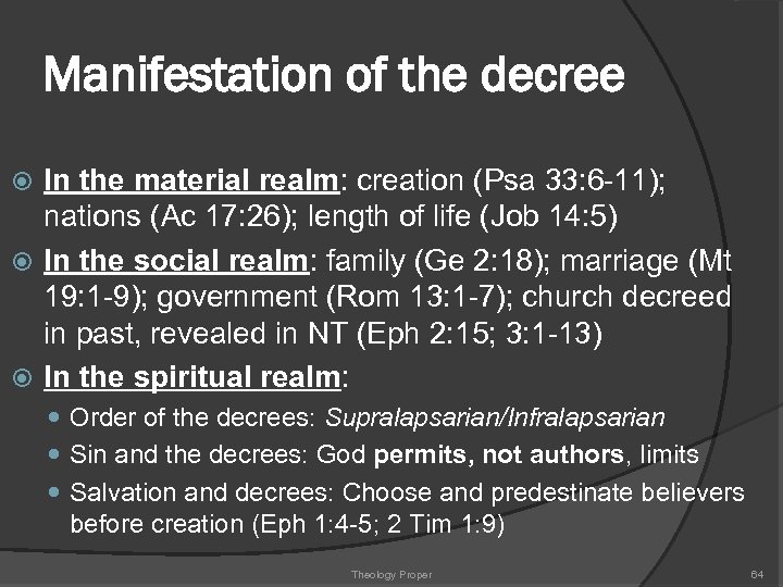 Manifestation of the decree In the material realm: creation (Psa 33: 6 -11); nations