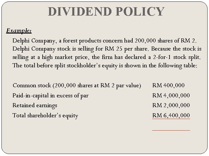 DIVIDEND POLICY Example: Delphi Company, a forest products concern had 200, 000 shares of