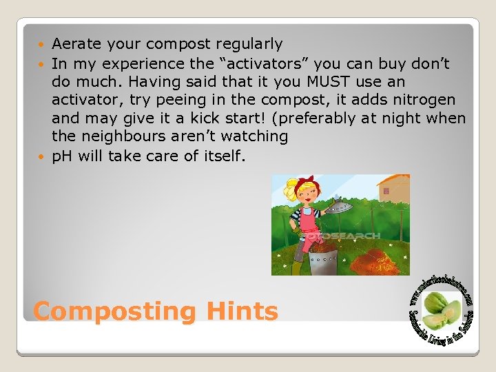 Aerate your compost regularly In my experience the “activators” you can buy don’t do