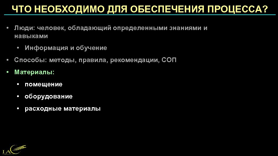 ЧТО НЕОБХОДИМО ДЛЯ ОБЕСПЕЧЕНИЯ ПРОЦЕССА? • Люди: человек, обладающий определенными знаниями и навыками •