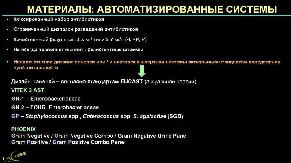 МАТЕРИАЛЫ: АВТОМАТИЗИРОВАННЫЕ СИСТЕМЫ § Фиксированный набор антибиотиков § Ограниченный диапазон разведений антибиотиков § Качественный