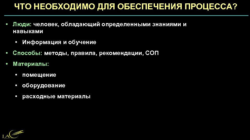 ЧТО НЕОБХОДИМО ДЛЯ ОБЕСПЕЧЕНИЯ ПРОЦЕССА? • Люди: человек, обладающий определенными знаниями и навыками •