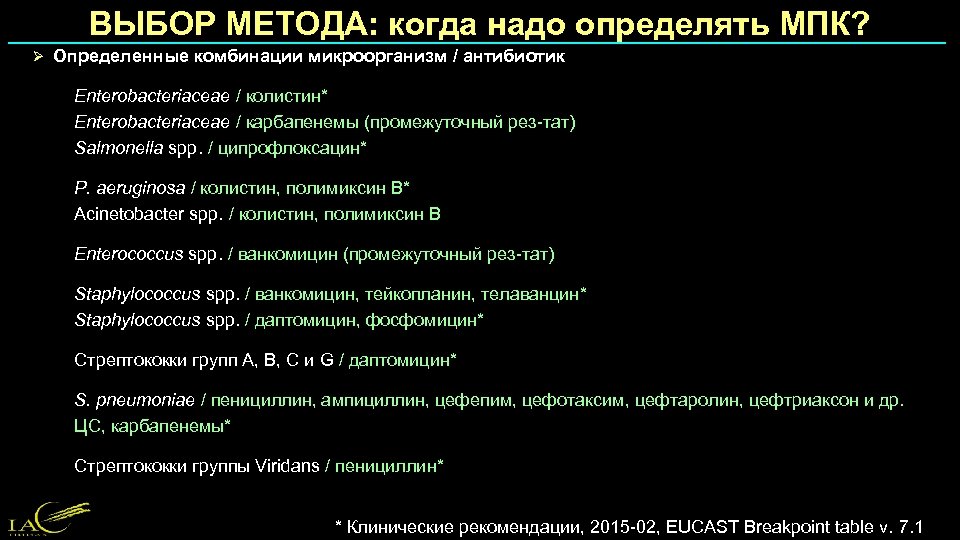 ВЫБОР МЕТОДА: когда надо определять МПК? Ø Определенные комбинации микроорганизм / антибиотик Enterobacteriaceae /