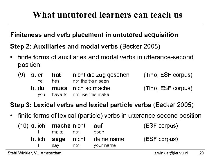 What untutored learners can teach us Finiteness and verb placement in untutored acquisition Step