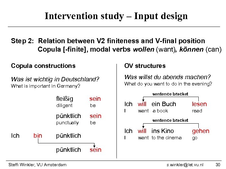 Intervention study – Input design Step 2: Relation between V 2 finiteness and V-final