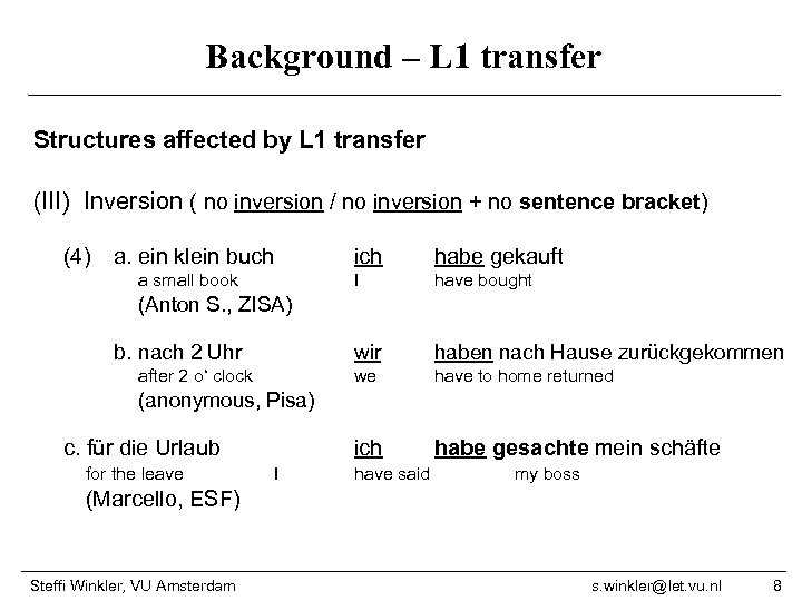 Background – L 1 transfer Structures affected by L 1 transfer (III) Inversion (