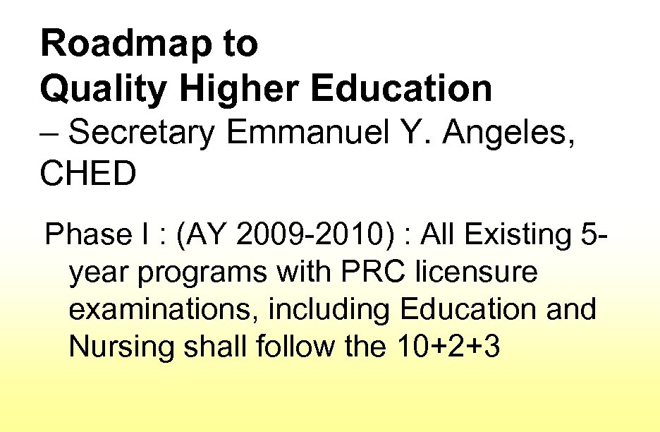 Roadmap to Quality Higher Education – Secretary Emmanuel Y. Angeles, CHED Phase I :