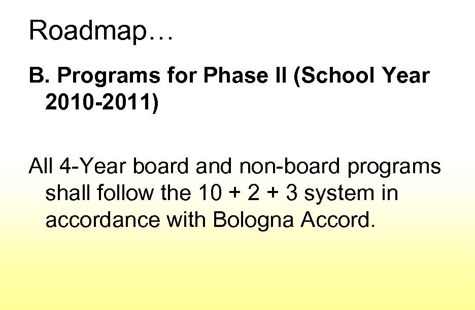 Roadmap… B. Programs for Phase II (School Year 2010 -2011) All 4 -Year board