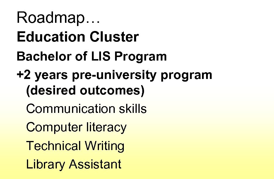 Roadmap… Education Cluster Bachelor of LIS Program +2 years pre-university program (desired outcomes) Communication