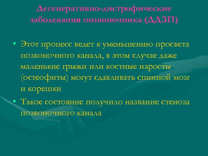 Дегенеративно-дистрофические заболевания позвоночника (ДДЗП) • Этот процесс ведет к уменьшению просвета позвоночного канала, в