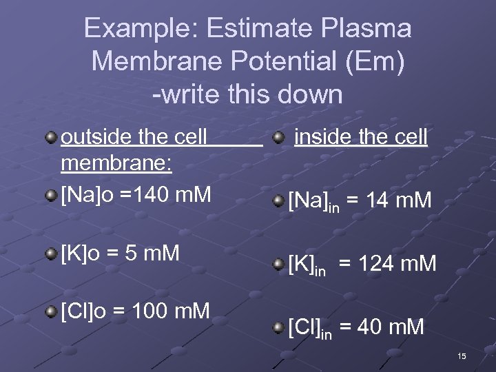 Example: Estimate Plasma Membrane Potential (Em) -write this down outside the cell membrane: [Na]o