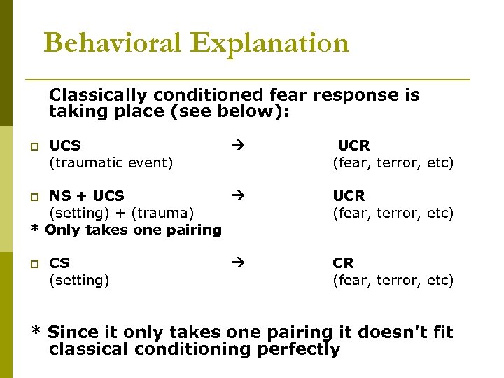 Behavioral Explanation Classically conditioned fear response is taking place (see below): UCS (traumatic event)