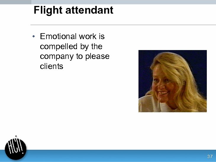 Flight attendant • Emotional work is compelled by the company to please clients 37