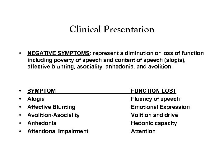 Clinical Presentation • NEGATIVE SYMPTOMS: represent a diminution or loss of function including poverty