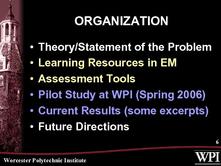 ORGANIZATION • • • Theory/Statement of the Problem Learning Resources in EM Assessment Tools