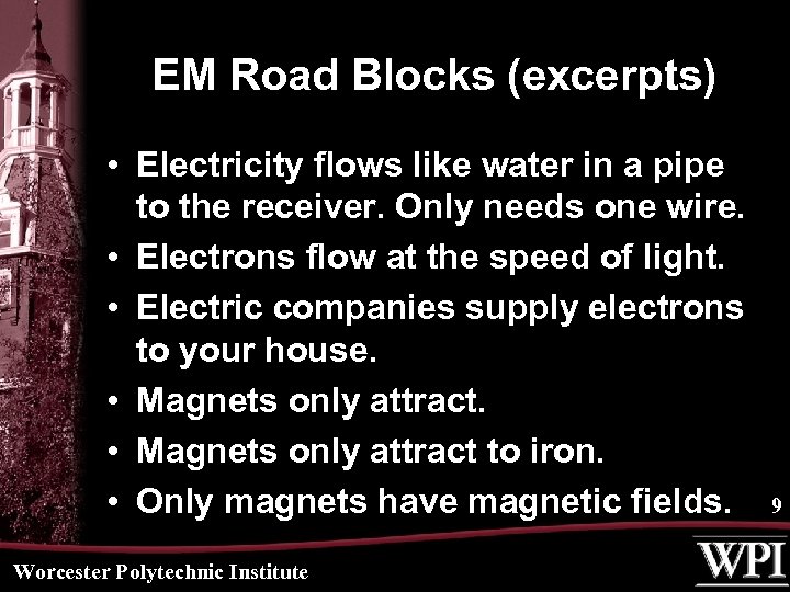 EM Road Blocks (excerpts) • Electricity flows like water in a pipe to the