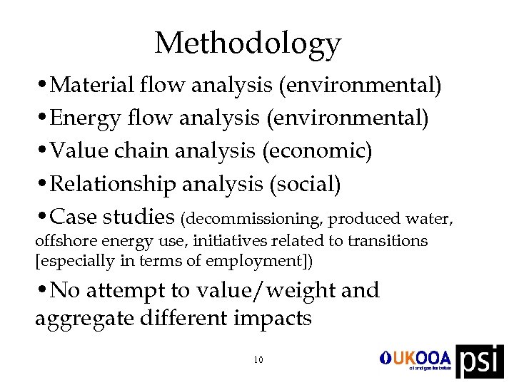 Methodology • Material flow analysis (environmental) • Energy flow analysis (environmental) • Value chain