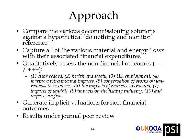 Approach • Compare the various decommissioning solutions against a hypothetical ‘do nothing and monitor’