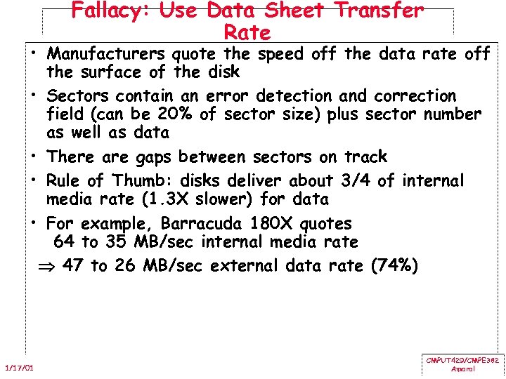 Fallacy: Use Data Sheet Transfer Rate • Manufacturers quote the speed off the data