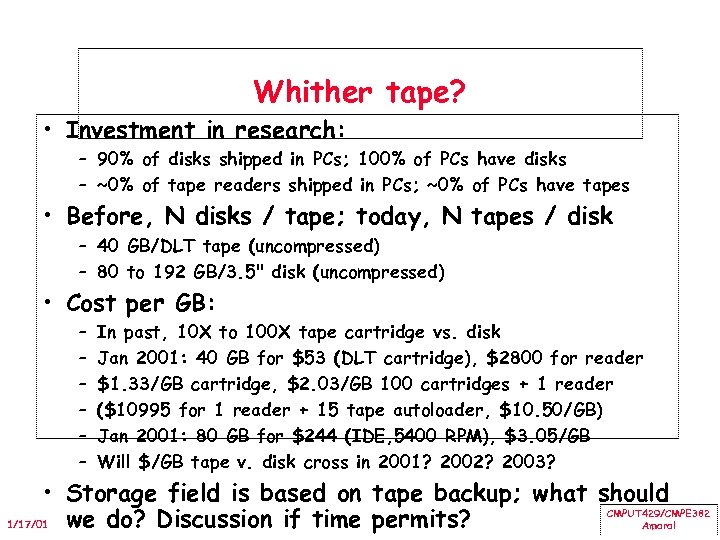 Whither tape? • Investment in research: – 90% of disks shipped in PCs; 100%