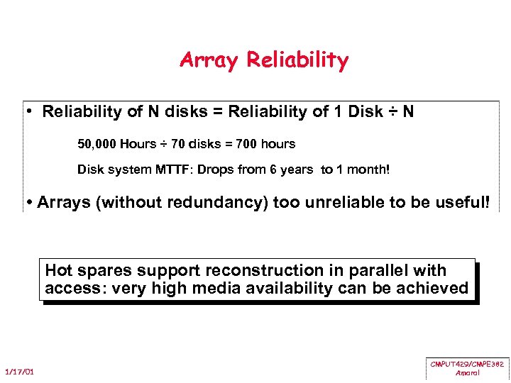 Array Reliability • Reliability of N disks = Reliability of 1 Disk ÷ N