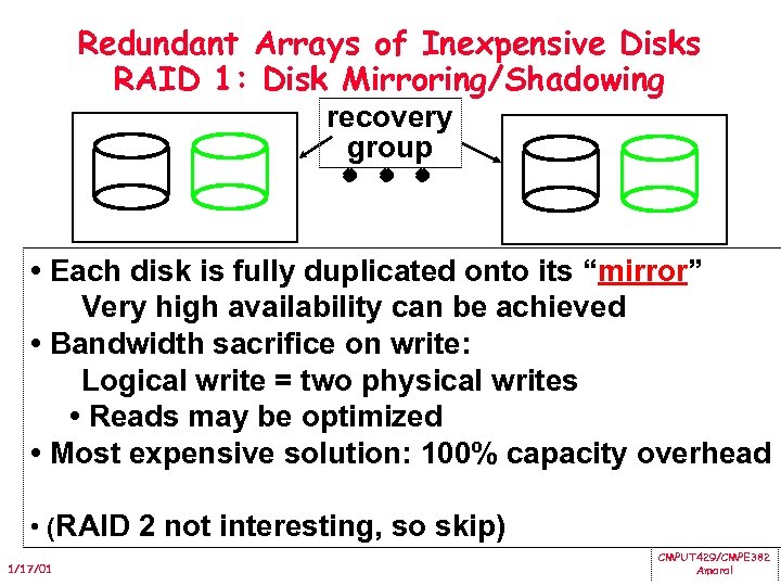 Redundant Arrays of Inexpensive Disks RAID 1: Disk Mirroring/Shadowing recovery group • Each disk