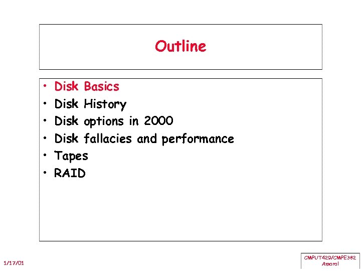 Outline • • • 1/17/01 Disk Basics Disk History Disk options in 2000 Disk