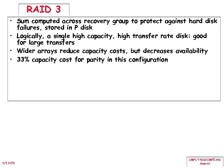 RAID 3 • Sum computed across recovery group to protect against hard disk failures,