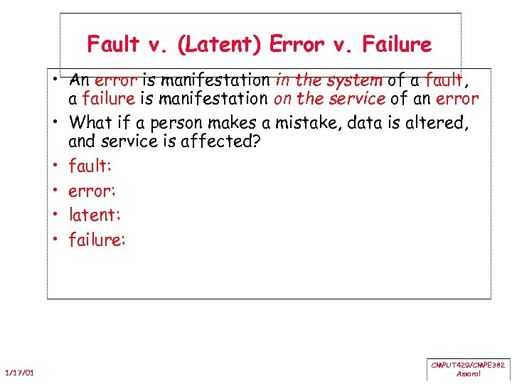 Fault v. (Latent) Error v. Failure • An error is manifestation in the system