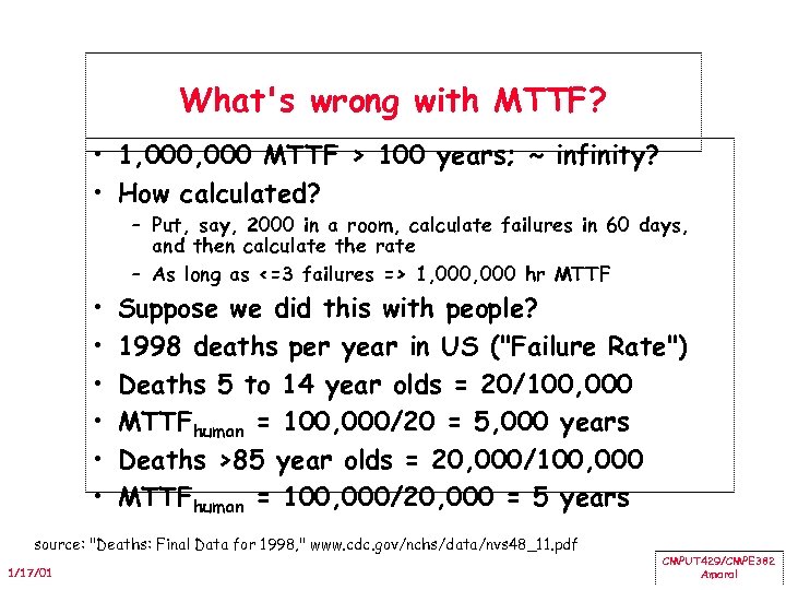 What's wrong with MTTF? • 1, 000 MTTF > 100 years; ~ infinity? •