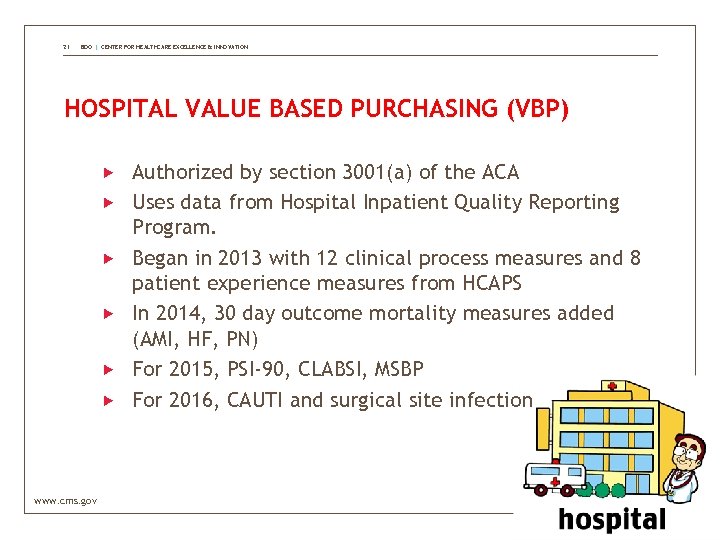 21 BDO | CENTER FOR HEALTHCARE EXCELLENCE & INNOVATION HOSPITAL VALUE BASED PURCHASING (VBP)