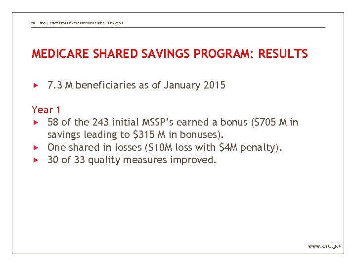 28 BDO | CENTER FOR HEALTHCARE EXCELLENCE & INNOVATION MEDICARE SHARED SAVINGS PROGRAM: RESULTS