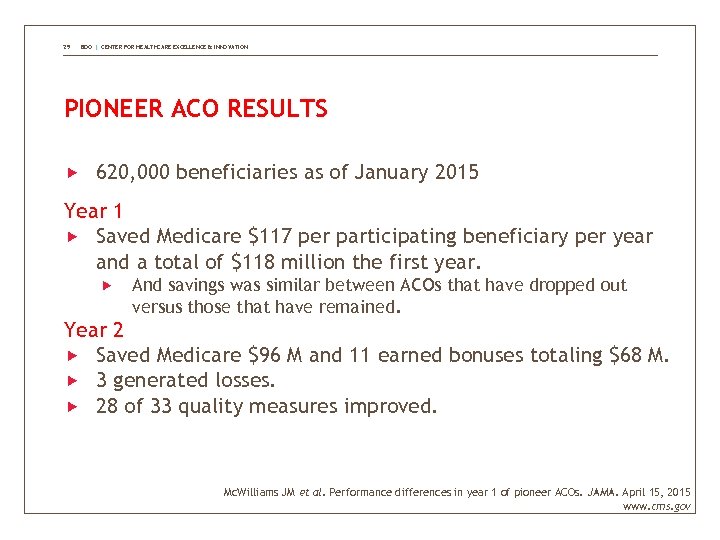 29 BDO | CENTER FOR HEALTHCARE EXCELLENCE & INNOVATION PIONEER ACO RESULTS 620, 000