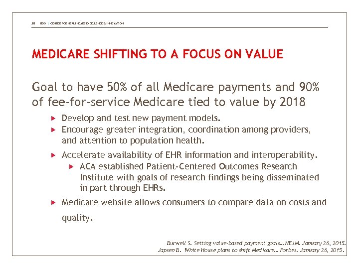 38 BDO | CENTER FOR HEALTHCARE EXCELLENCE & INNOVATION MEDICARE SHIFTING TO A FOCUS