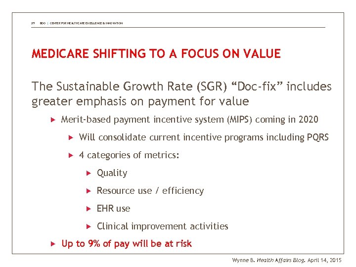 39 BDO | CENTER FOR HEALTHCARE EXCELLENCE & INNOVATION MEDICARE SHIFTING TO A FOCUS