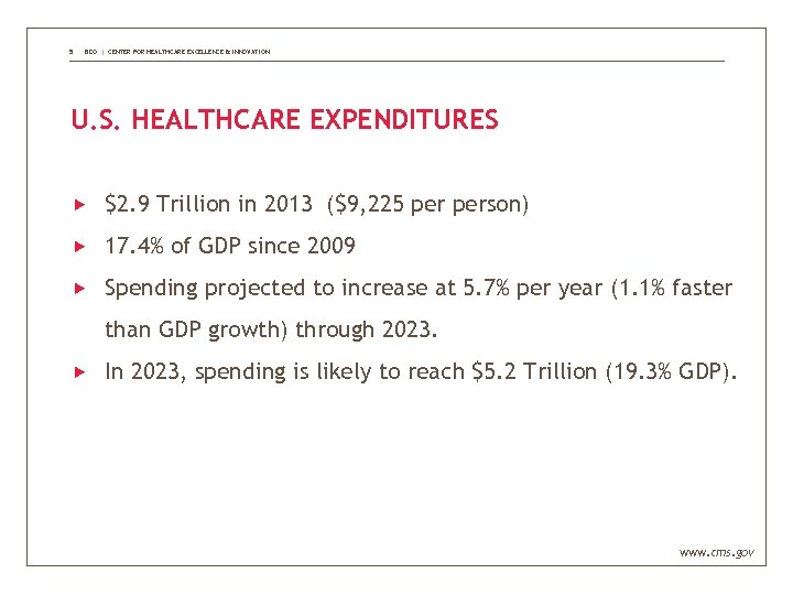 5 BDO | CENTER FOR HEALTHCARE EXCELLENCE & INNOVATION U. S. HEALTHCARE EXPENDITURES $2.