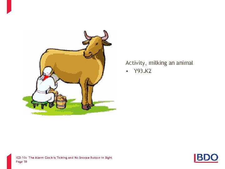 Activity, milking an animal • Y 93. K 2 ICD-10: The Alarm Clock is